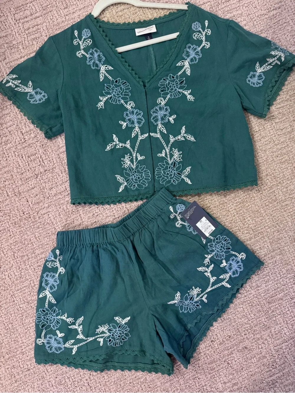 Universal Thread Green Floral Embroidered Linen Blend Matching Set XS